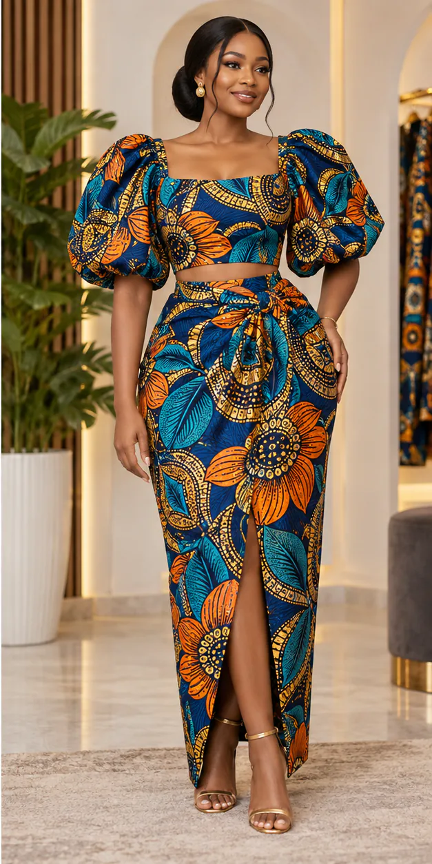 Woman in a two-piece Ankara wax print outfit