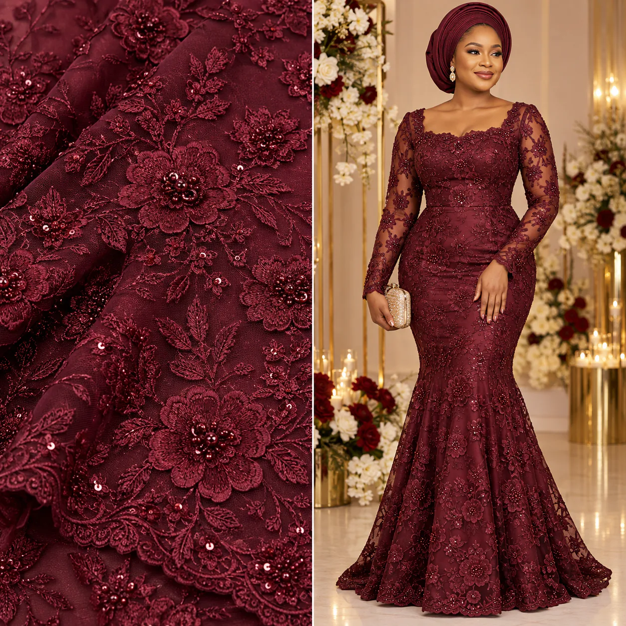 A guest dressed in wine lace from Benny Fabrics