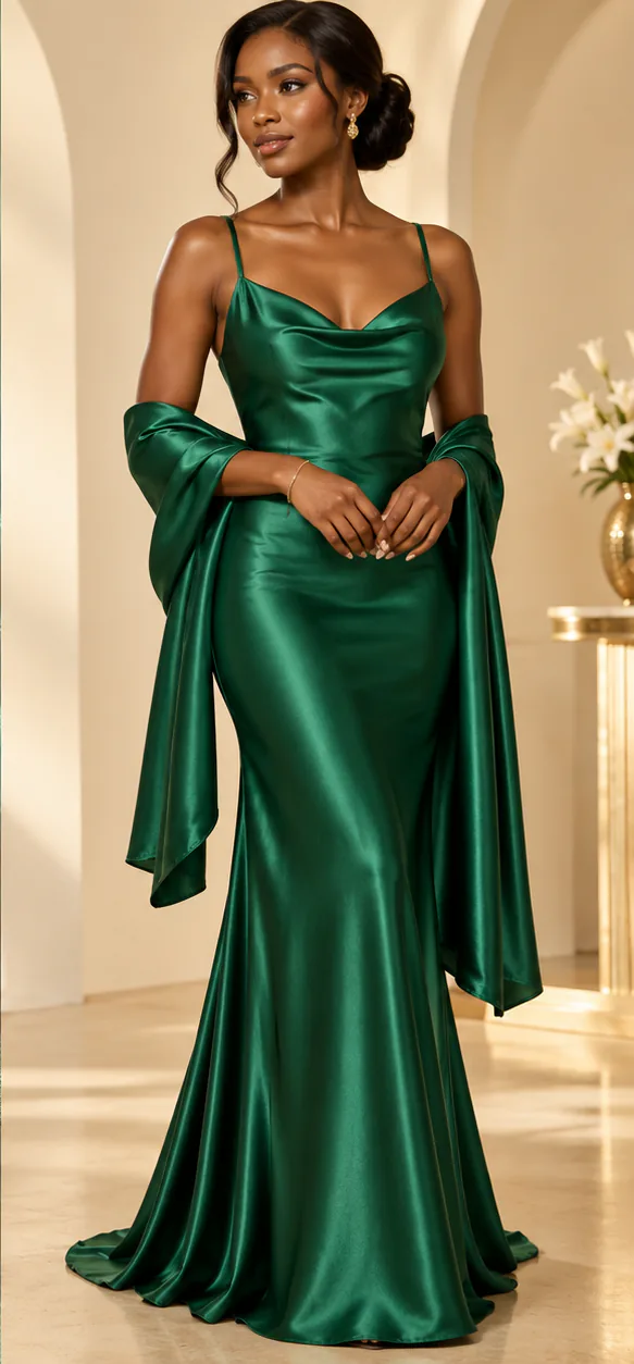 Woman in an emerald silk satin evening gown